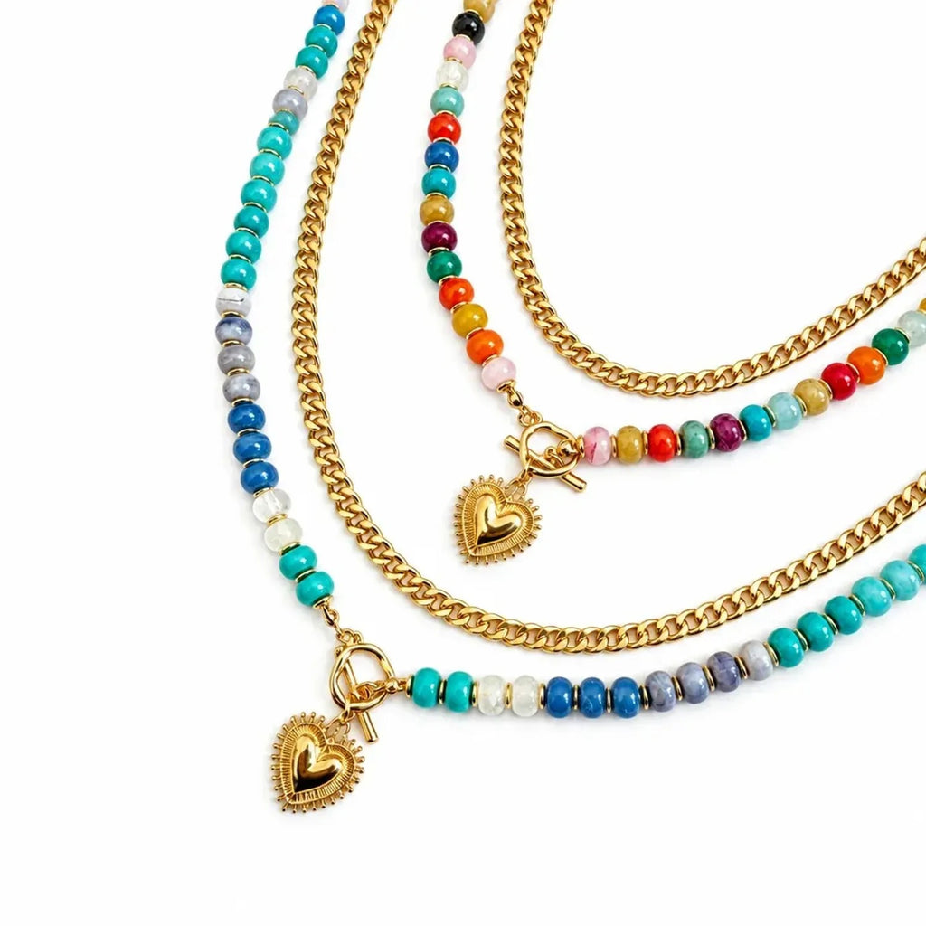 Colorful Beaded Heart Pendant Multi-Layer Necklace for Women