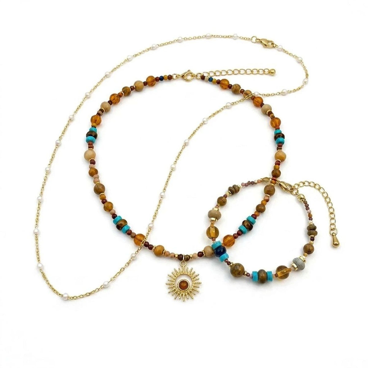 Colorful Gemstone Beaded Gold Necklace Women - Tiger's Eye & Turquoise Gold Chain — all variants
