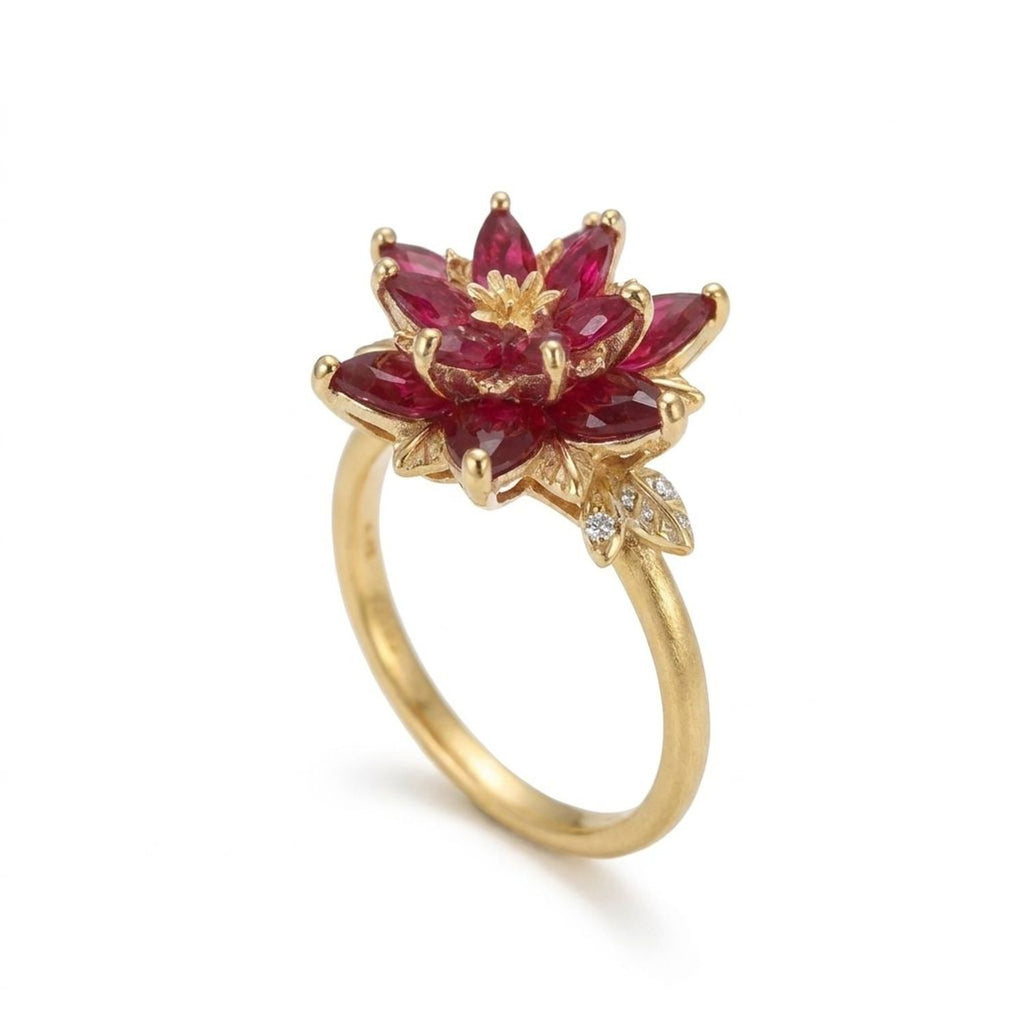 Copper Double-Layer Flower Open Ring with Zircon Stones