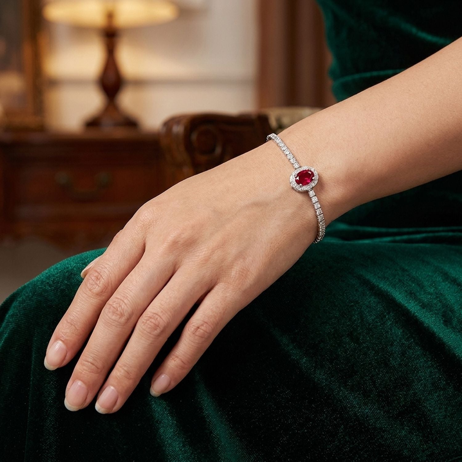 Created Ruby S925 Sterling Silver Vintage Bracelet for Women, Premium Red — lifestyle