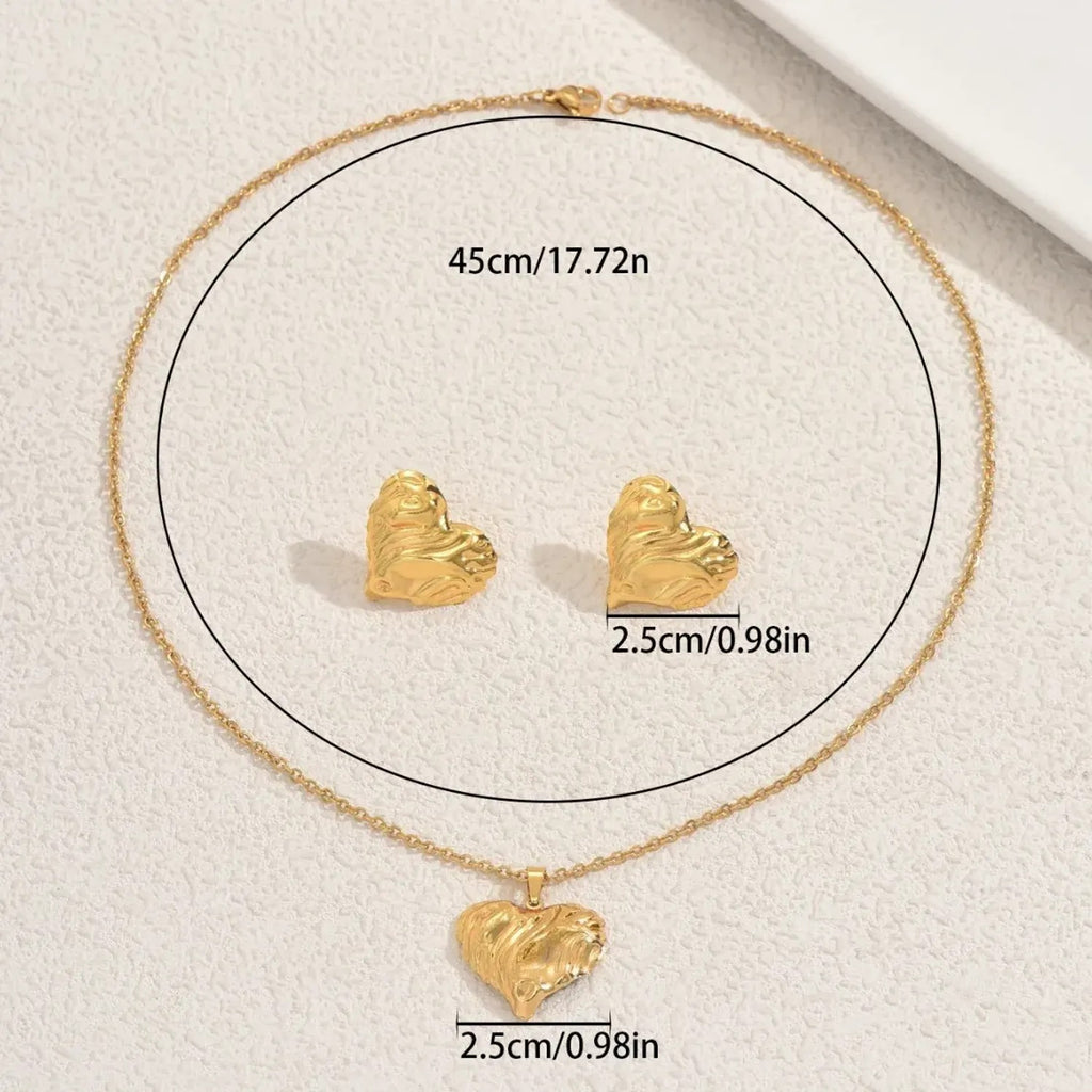 Cross-border European American Women Long Necklace, Niche Heart Pendant Design, Matching Wrinkle Textured Earrings, Premium Versatile Daily Neck Ear Jewelry