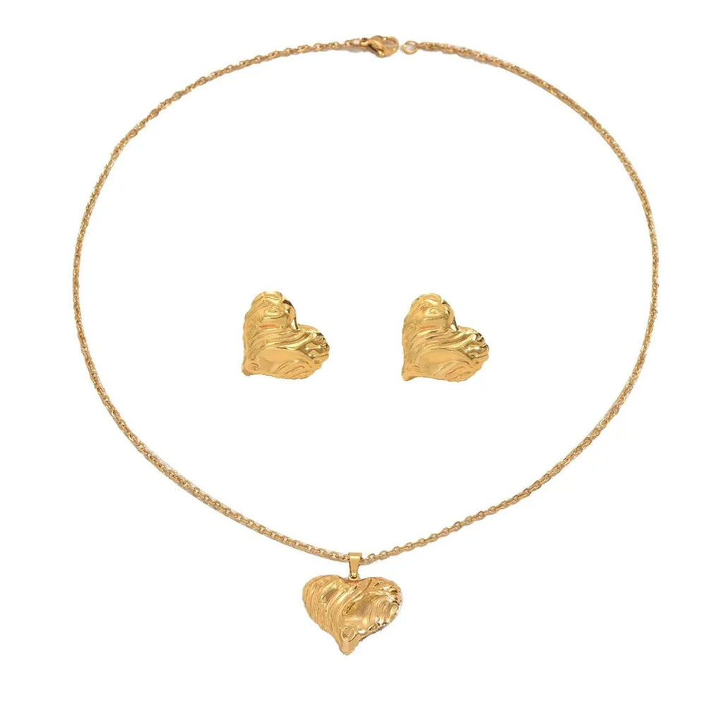 Cross-border European American Women Long Necklace, Niche Heart Pendant Design, Matching Wrinkle Textured Earrings, Premium Versatile Daily Neck Ear Jewelry