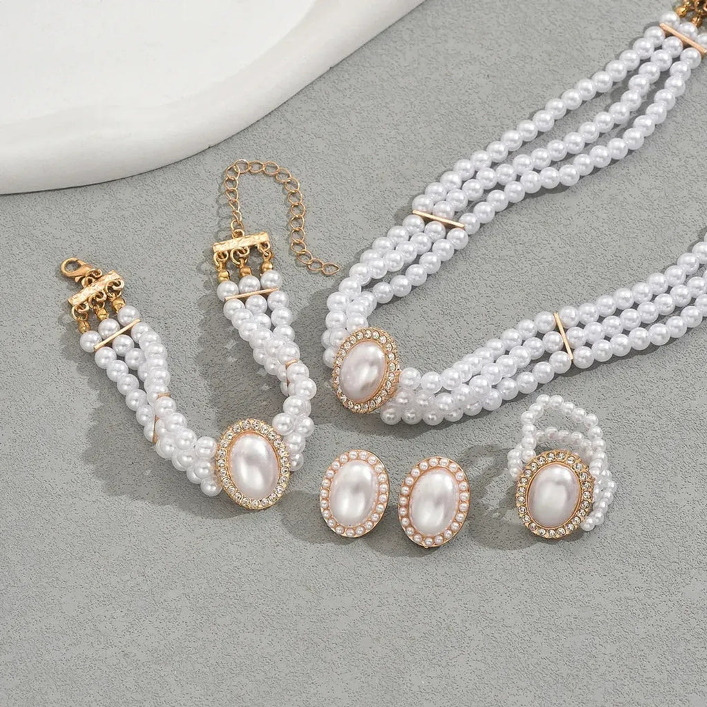 Cross-border European American Women Multi-layer Jewelry Set, Niche Design Necklace, Earrings & Bracelet Inlaid Cubic Zirconia & Faux Pearl, Versatile Premium Clavicle Jewelry For Ladies