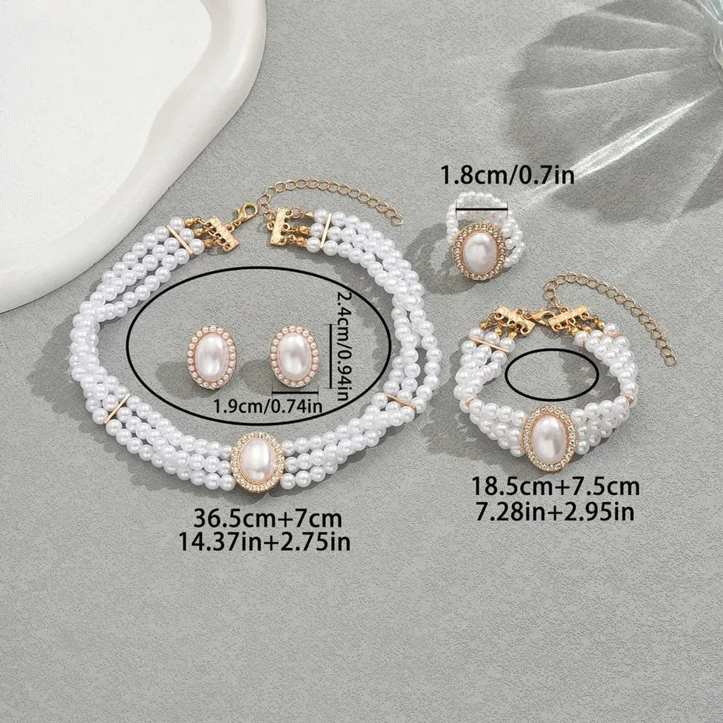 Cross-border European American Women Multi-layer Jewelry Set, Niche Design Necklace, Earrings & Bracelet Inlaid Cubic Zirconia & Faux Pearl, Versatile Premium Clavicle Jewelry For Ladies