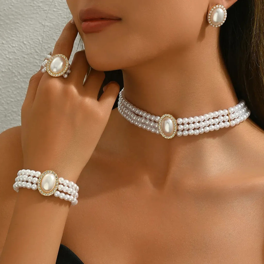 Cross-border European American Women Multi-layer Jewelry Set, Niche Design Necklace, Earrings & Bracelet Inlaid Cubic Zirconia & Faux Pearl, Versatile Premium Clavicle Jewelry For Ladies