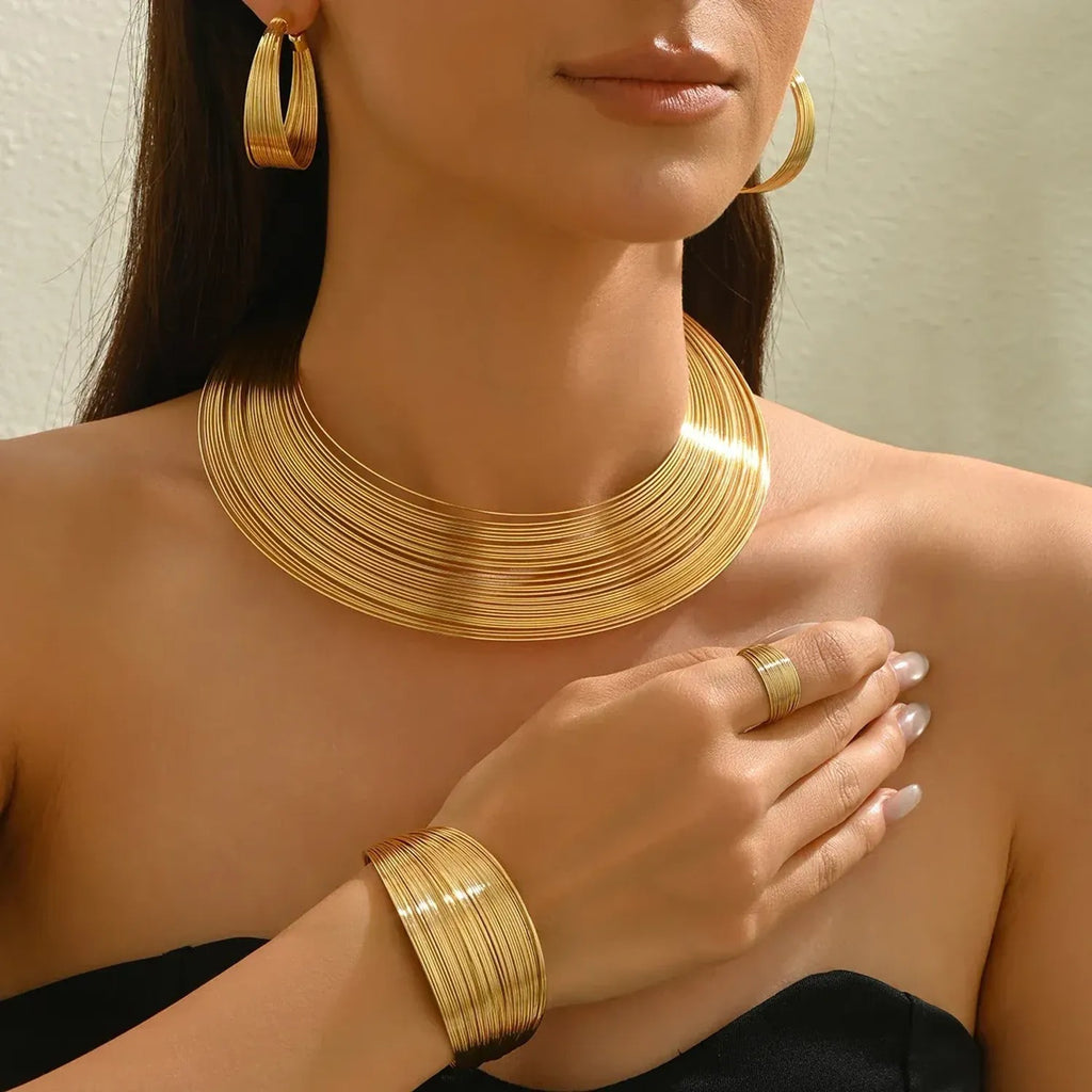 Cross-border European American Women Multi-Layer Metal Jewelry Set, Geometric Line Design Choker & Adjustable Open Bangle, Versatile Daily Wrist Neck Accessories