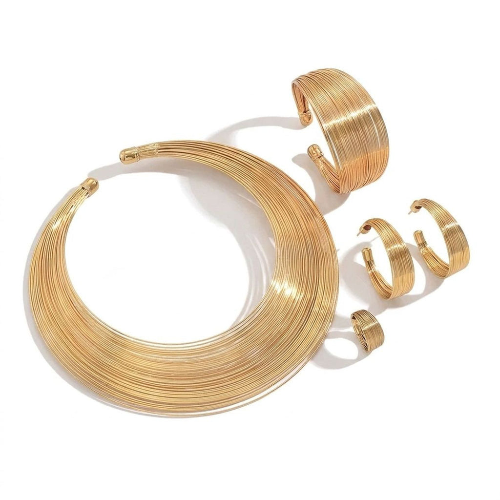 Cross-border European American Women Multi-Layer Metal Jewelry Set, Geometric Line Design Choker & Adjustable Open Bangle, Versatile Daily Wrist Neck Accessories