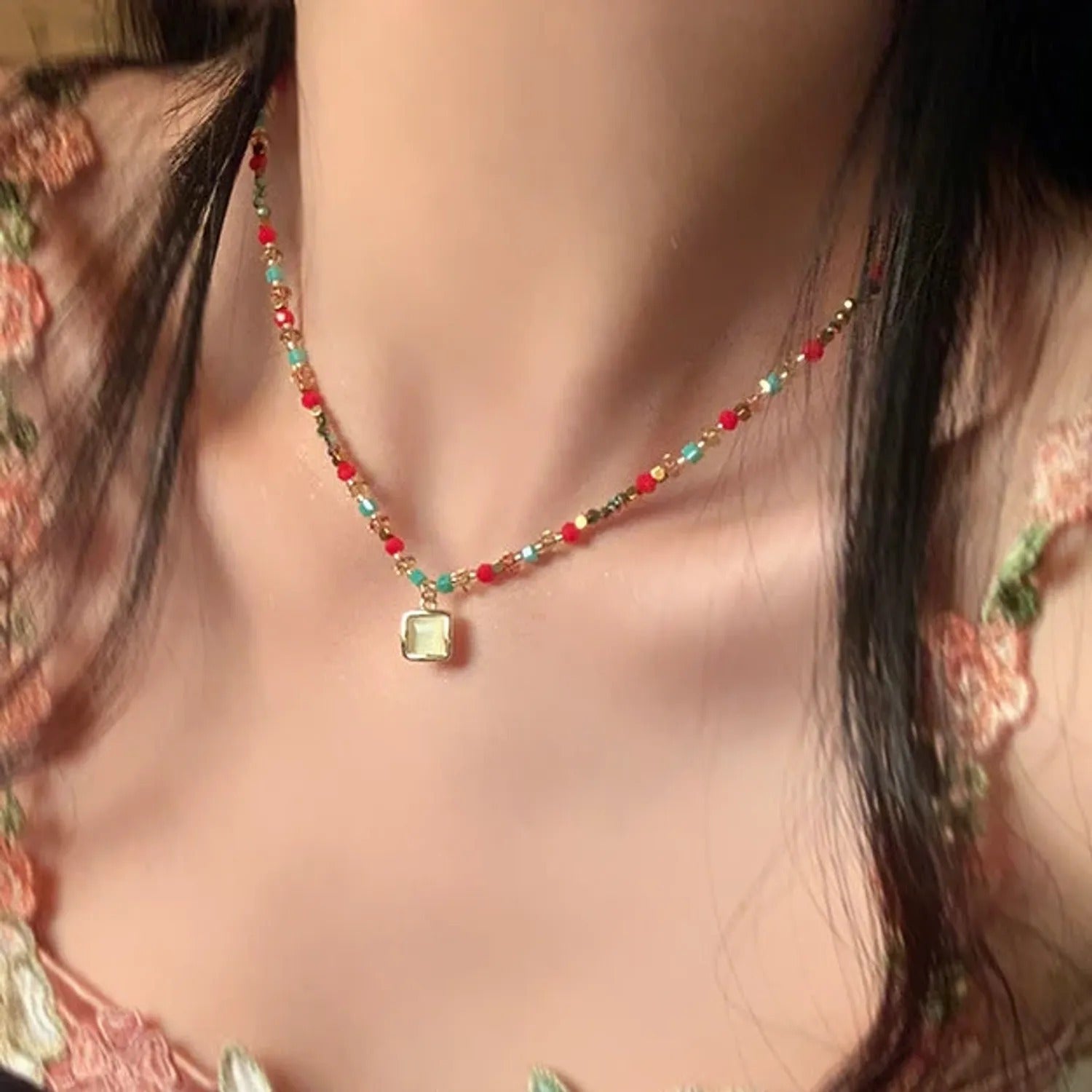 Crystal Bead Cat-Eye Stone Pendant Necklace