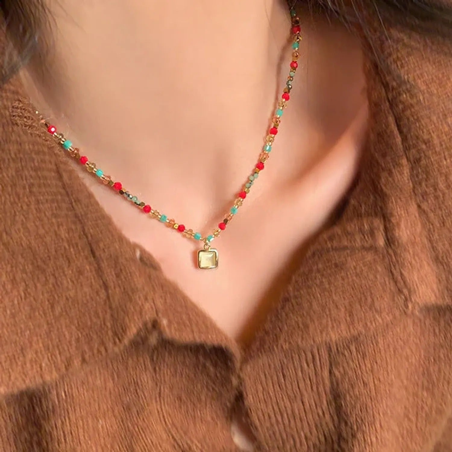 Crystal Bead Cat-Eye Stone Pendant Necklace