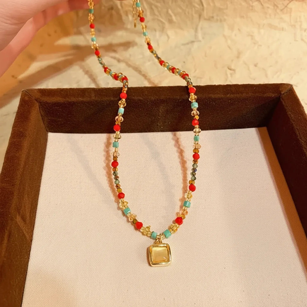Crystal Bead Cat-Eye Stone Pendant Necklace