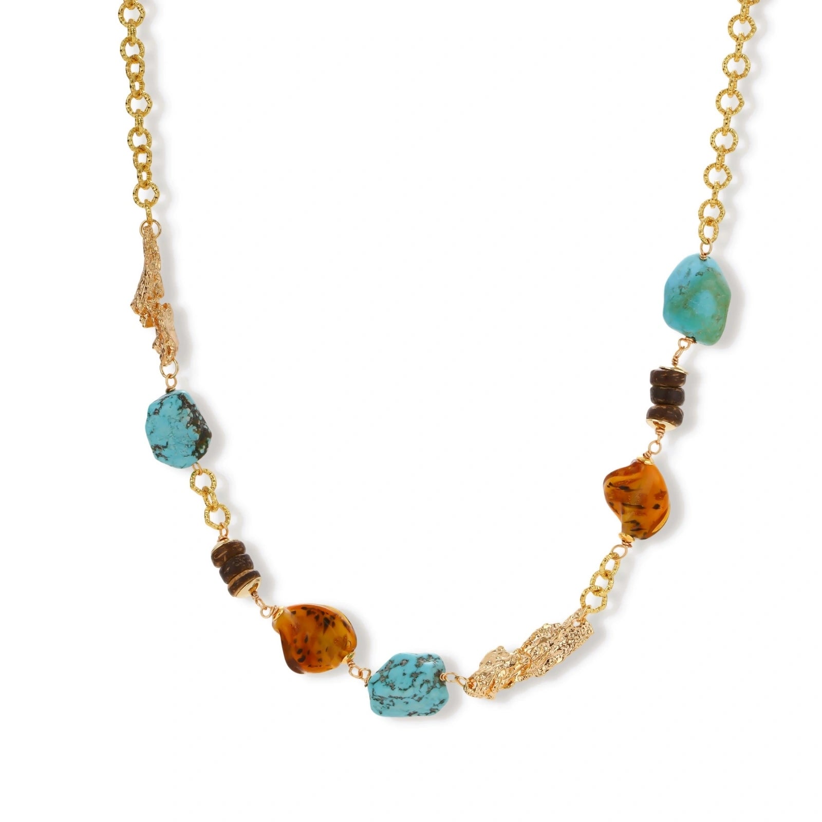 Statement necklace with gold chain, turquoise stones, amber beads, and wooden elements on cream background.