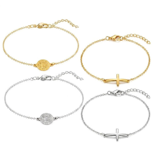 Dainty Stainless Steel Medallion & Cross Charm Bracelet