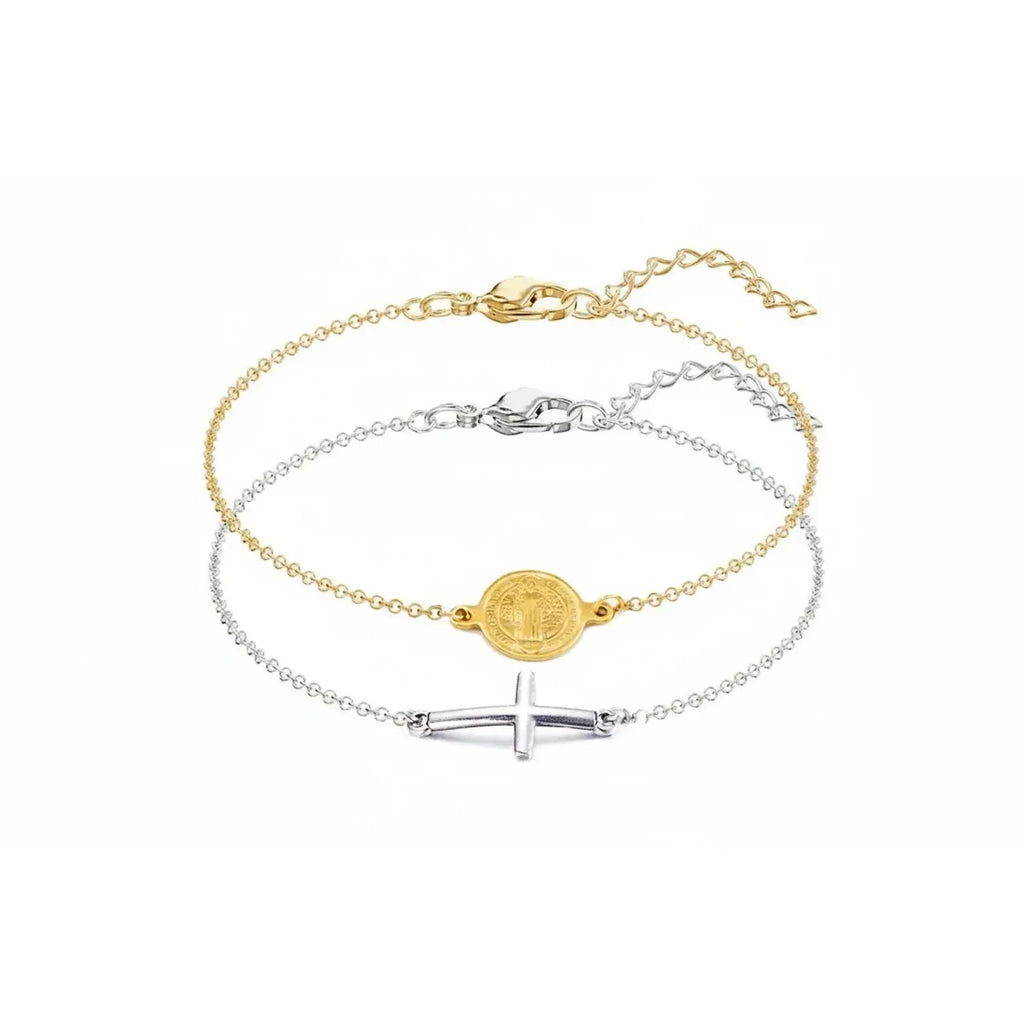 Dainty Stainless Steel Medallion & Cross Charm Bracelet