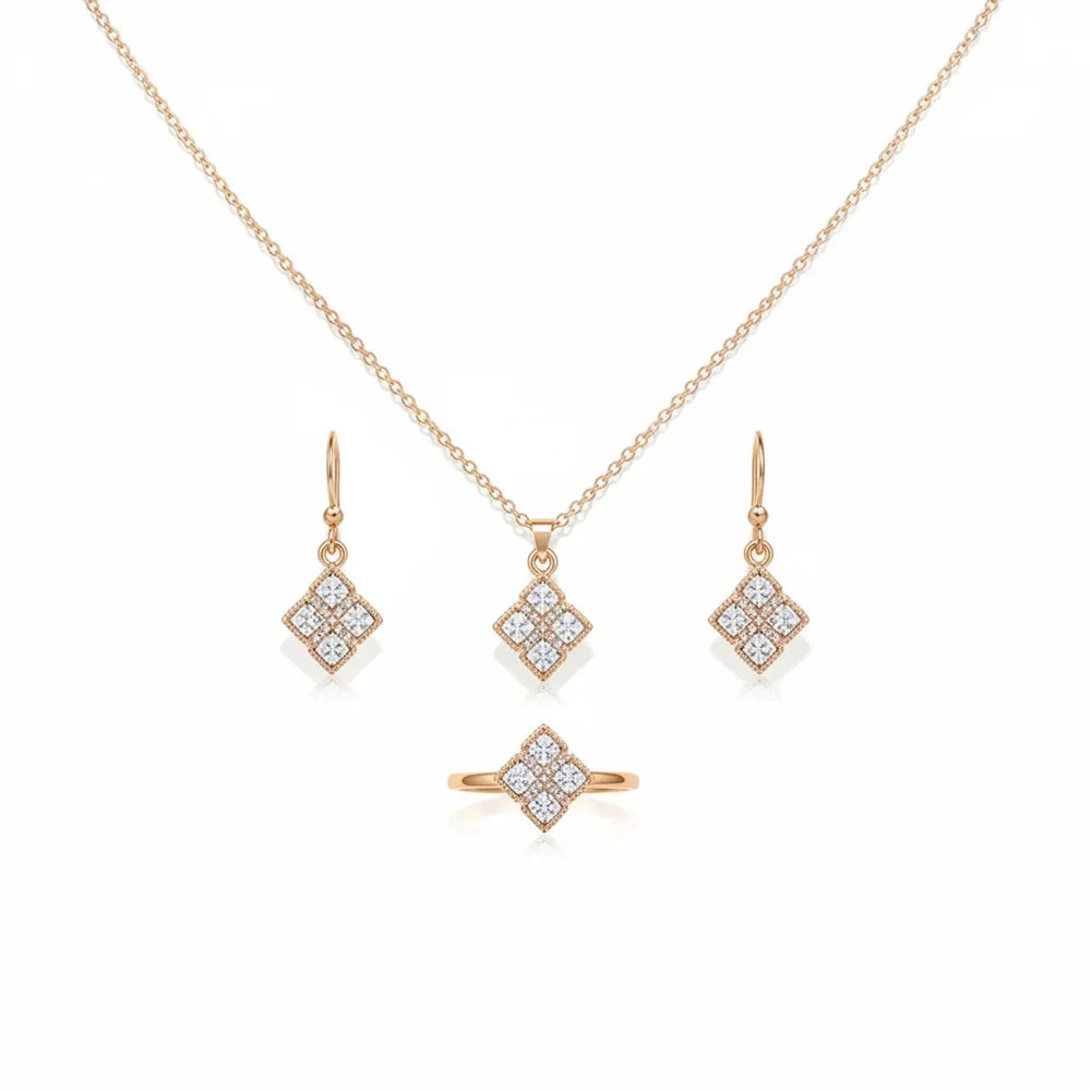 Diamond-Inlaid Rhombus Pendant Necklace, Earring & Ring Set