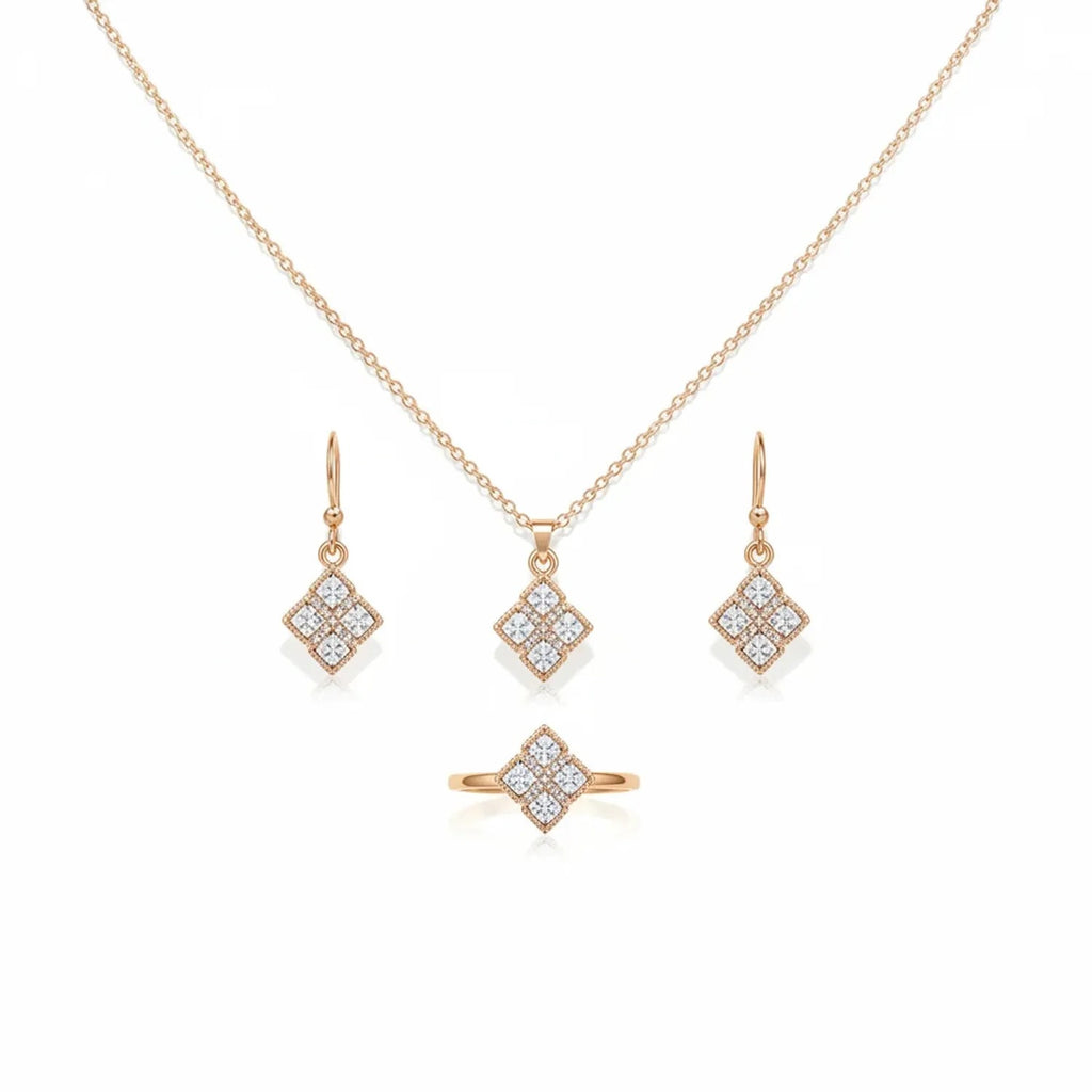 Diamond-Inlaid Rhombus Pendant Necklace, Earring & Ring Set