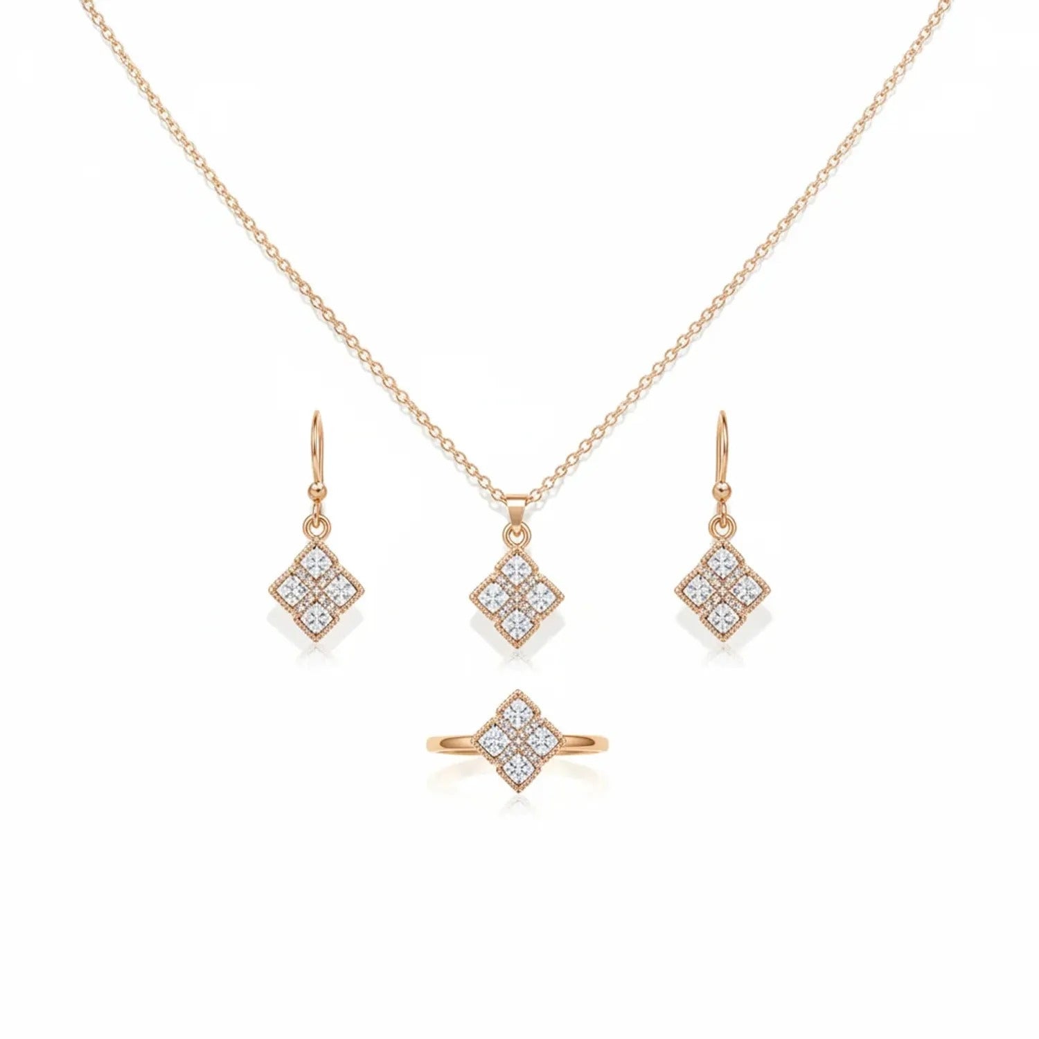 Diamond-Inlaid Rhombus Pendant Necklace, Earring & Ring Set