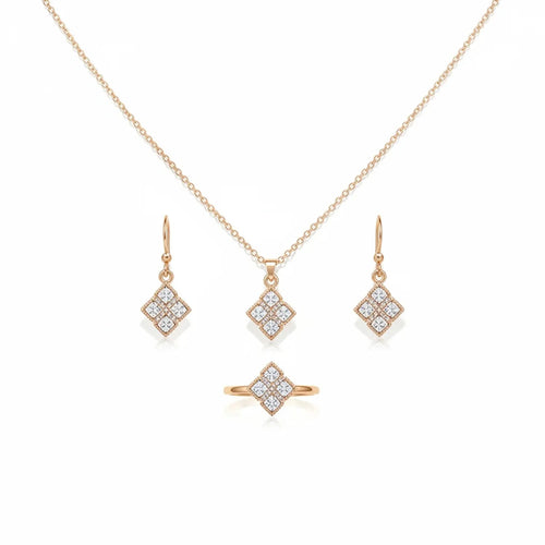 Diamond-Inlaid Rhombus Pendant Necklace, Earring & Ring Set