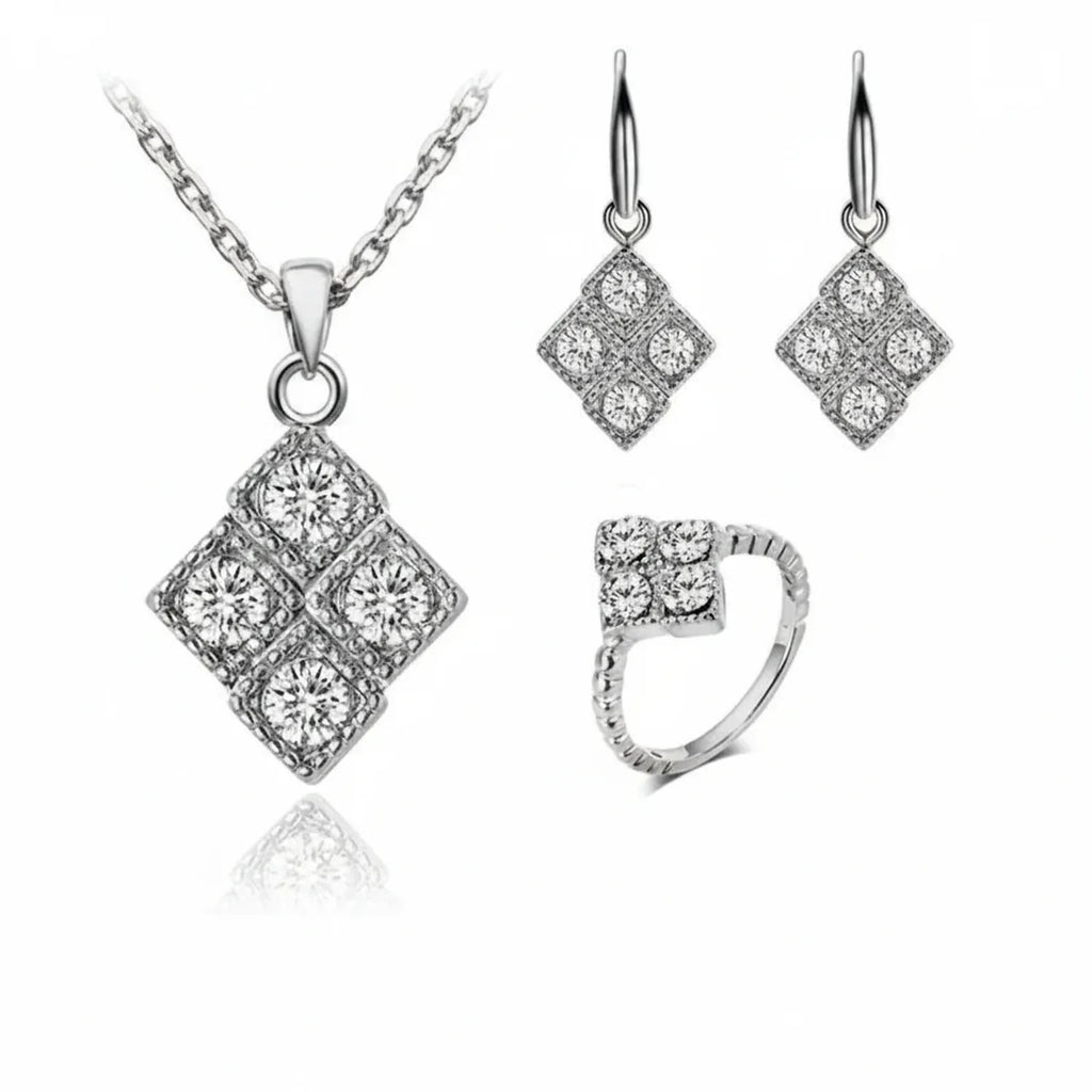 Diamond-Inlaid Rhombus Pendant Necklace, Earring & Ring Set