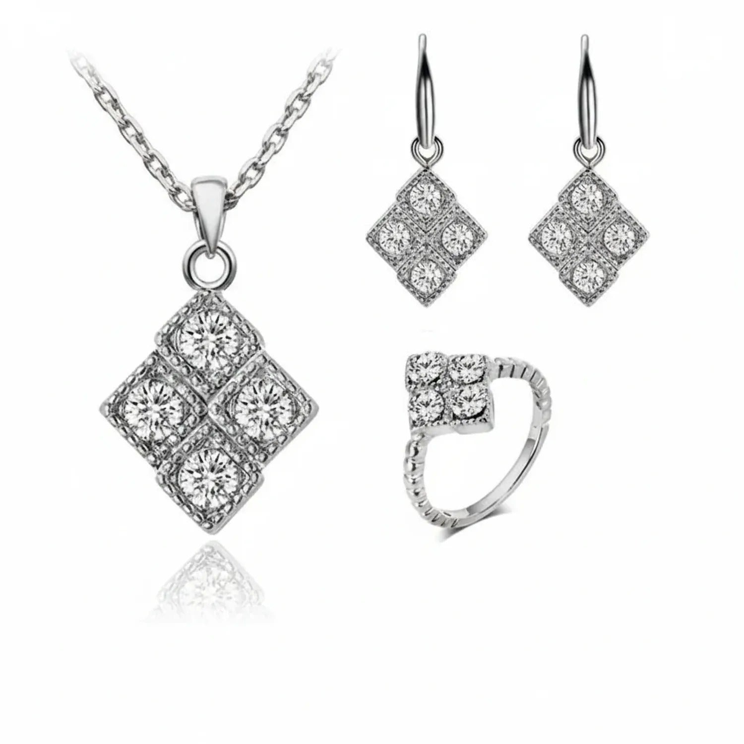 Diamond-Inlaid Rhombus Pendant Necklace, Earring & Ring Set