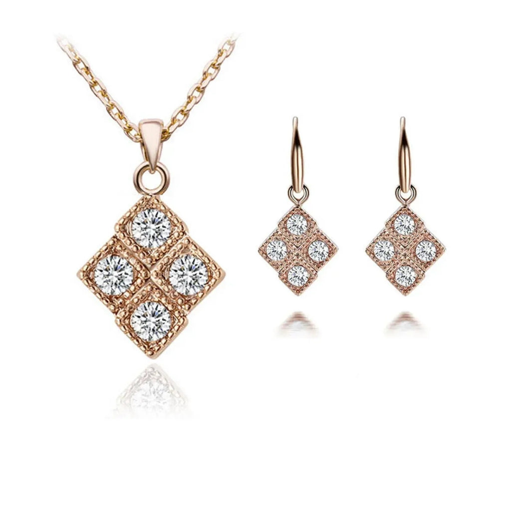 Diamond-Inlaid Rhombus Pendant Necklace, Earring & Ring Set