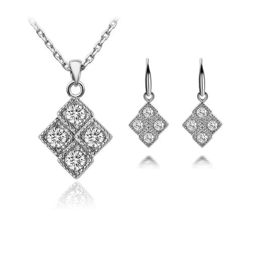 Diamond-Inlaid Rhombus Pendant Necklace, Earring & Ring Set