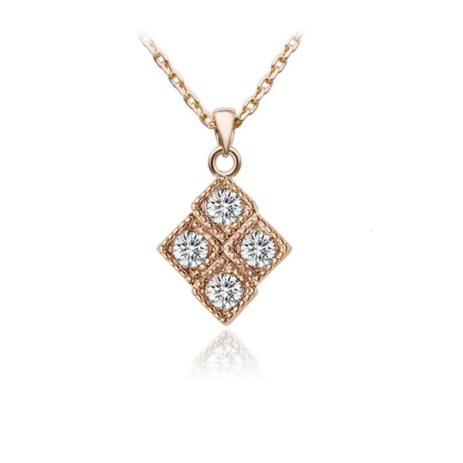 Diamond-Inlaid Rhombus Pendant Necklace, Earring & Ring Set