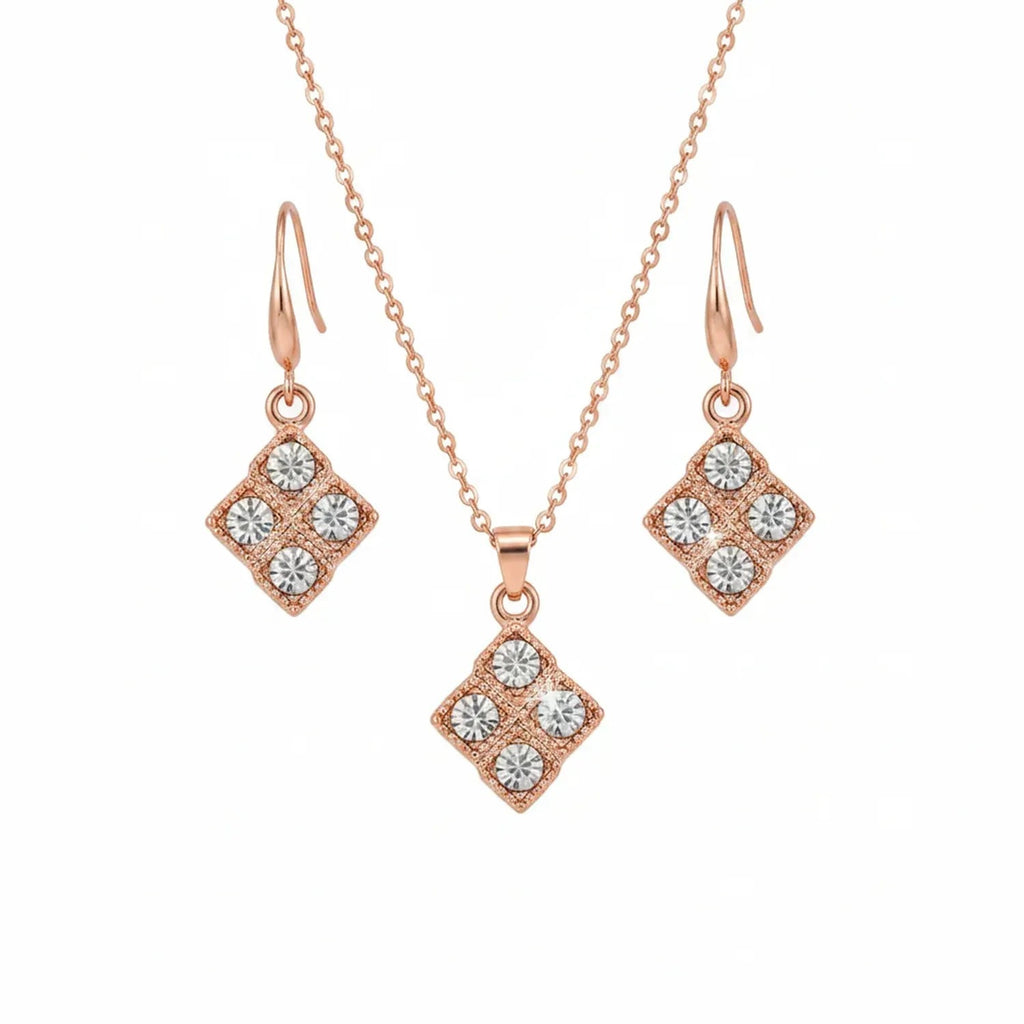 Diamond-Inlaid Rhombus Pendant Necklace, Earring & Ring Set