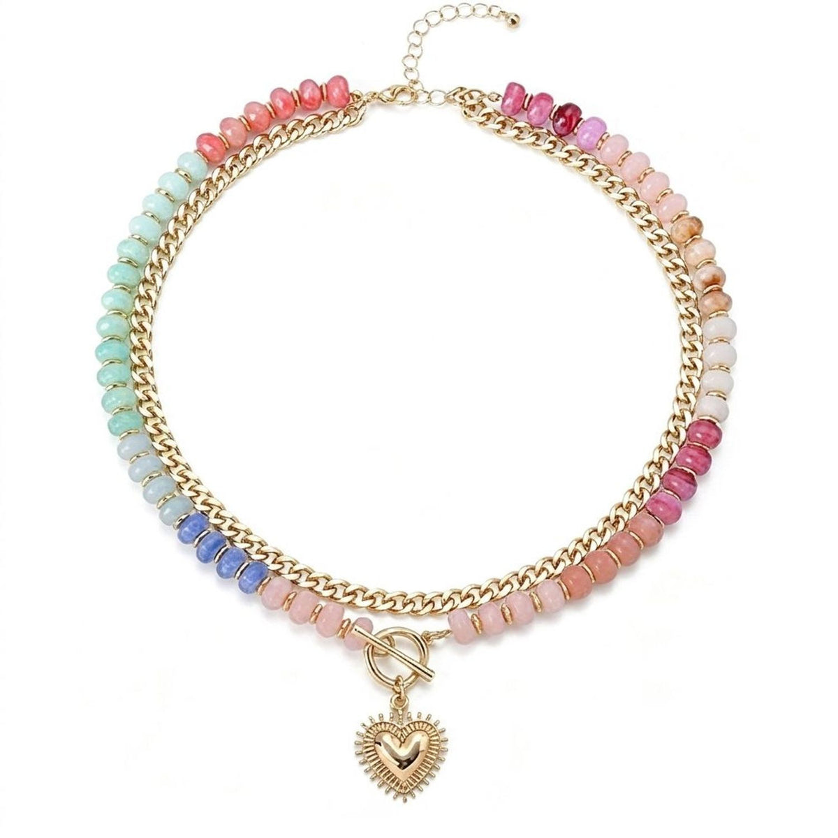 Dopamine Colorful Beaded Heart Pendant Necklace - Unisex Electroplated Layered Collarbone Chain Jewelry