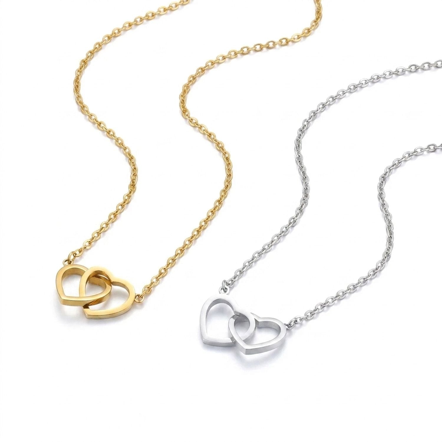 Double Heart Pendant Necklace, Tarnish-Free Titanium Steel Chain for Women — all variants