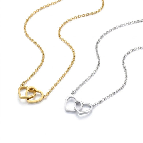 Double Heart Pendant Necklace - Titanium Steel Gold Chain