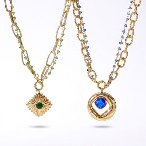 Double-Layer Sunflower Gemstone Pendant Necklace in Gold-Plated Stainless Steel, Gold Necklace Women