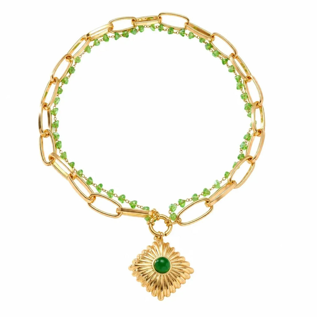 Double-Layer Sunflower Gemstone Pendant Necklace in Gold-Plated Stainless Steel, Gold Necklace Women
