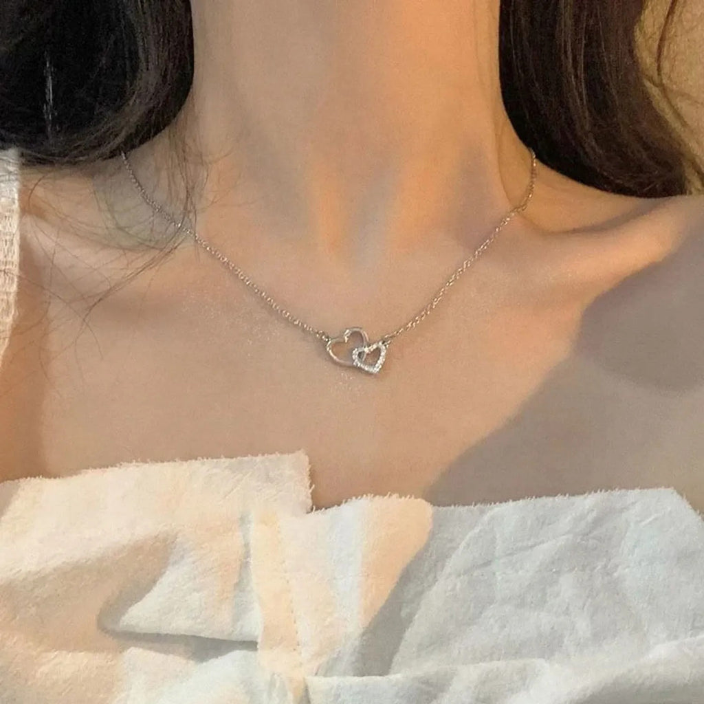 Double-Ring Heart Zircon Clavicle Necklace