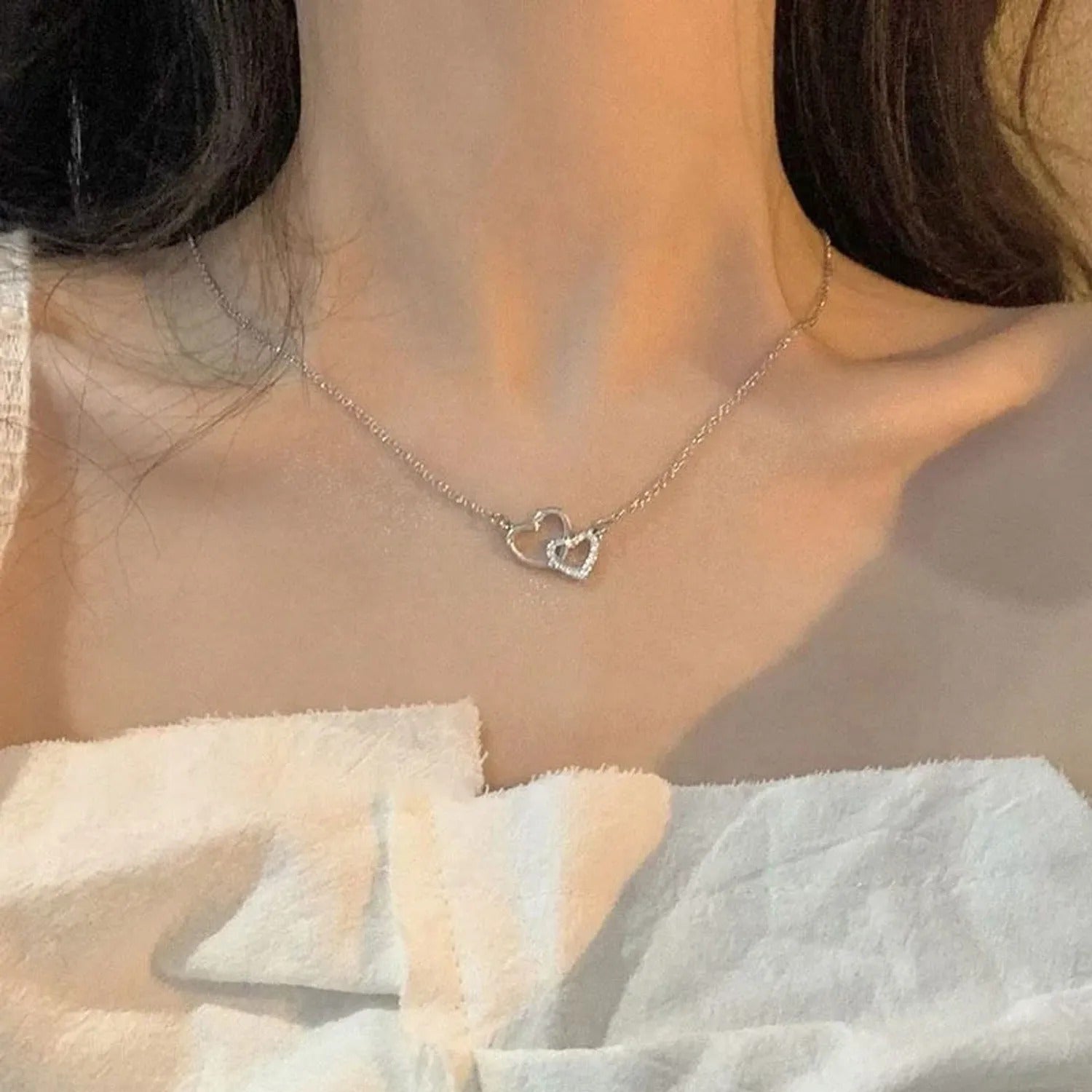 Double-Ring Heart Zircon Clavicle Necklace