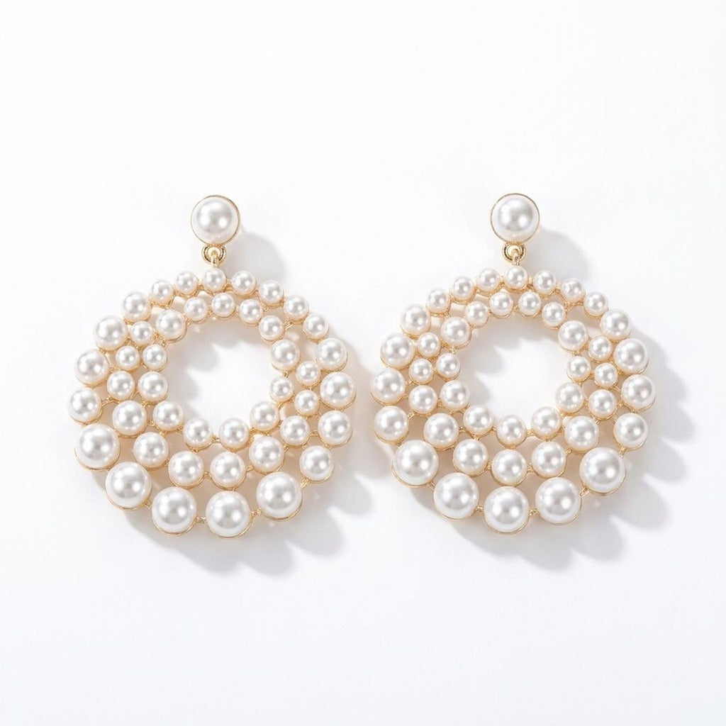 Electroplated Geometric Hollow Pearl Earrings for Women - Silver Needle, White