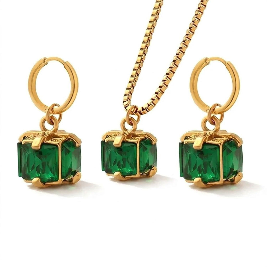 Emerald Green Zirconia Jewelry Set - Titanium Steel Necklace & Drop Earrings