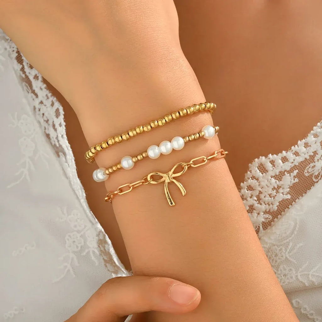 European American Cross-border Women Bracelet Set, Geometric Bowknot Woven Faux Pearl Design, Versatile Daily Hand Jewelry For Ladies
