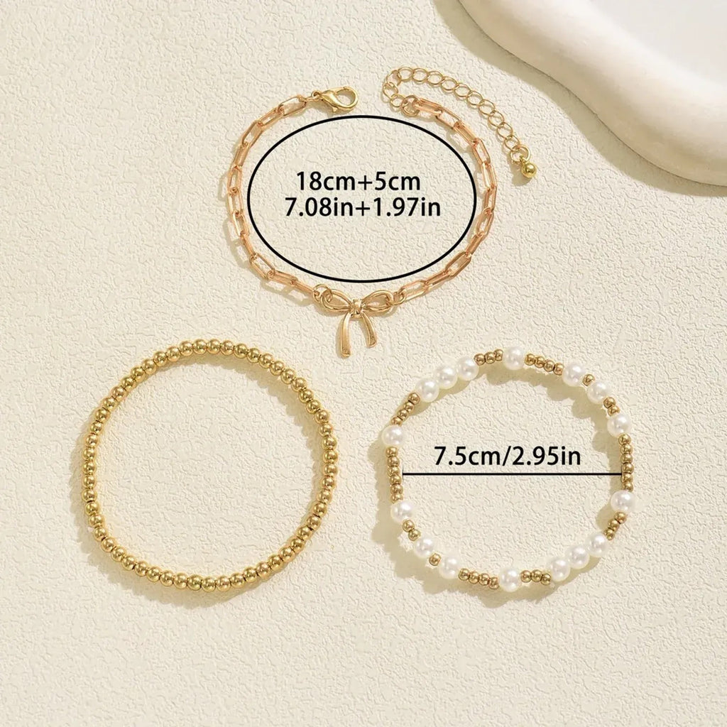 European American Cross-border Women Bracelet Set, Geometric Bowknot Woven Faux Pearl Design, Versatile Daily Hand Jewelry For Ladies