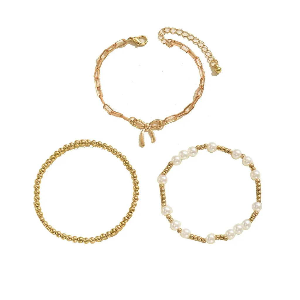 European American Cross-border Women Bracelet Set, Geometric Bowknot Woven Faux Pearl Design, Versatile Daily Hand Jewelry For Ladies