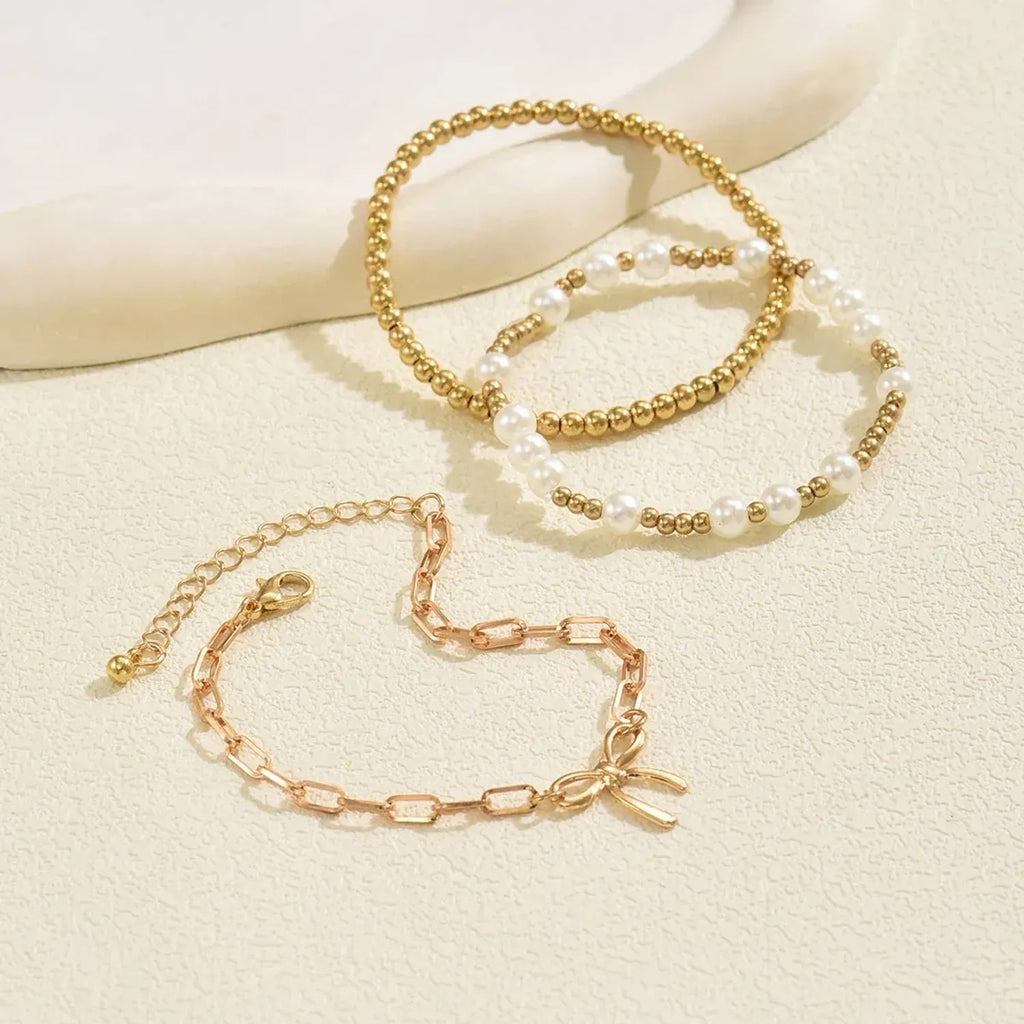 European American Cross-border Women Bracelet Set, Geometric Bowknot Woven Faux Pearl Design, Versatile Daily Hand Jewelry For Ladies