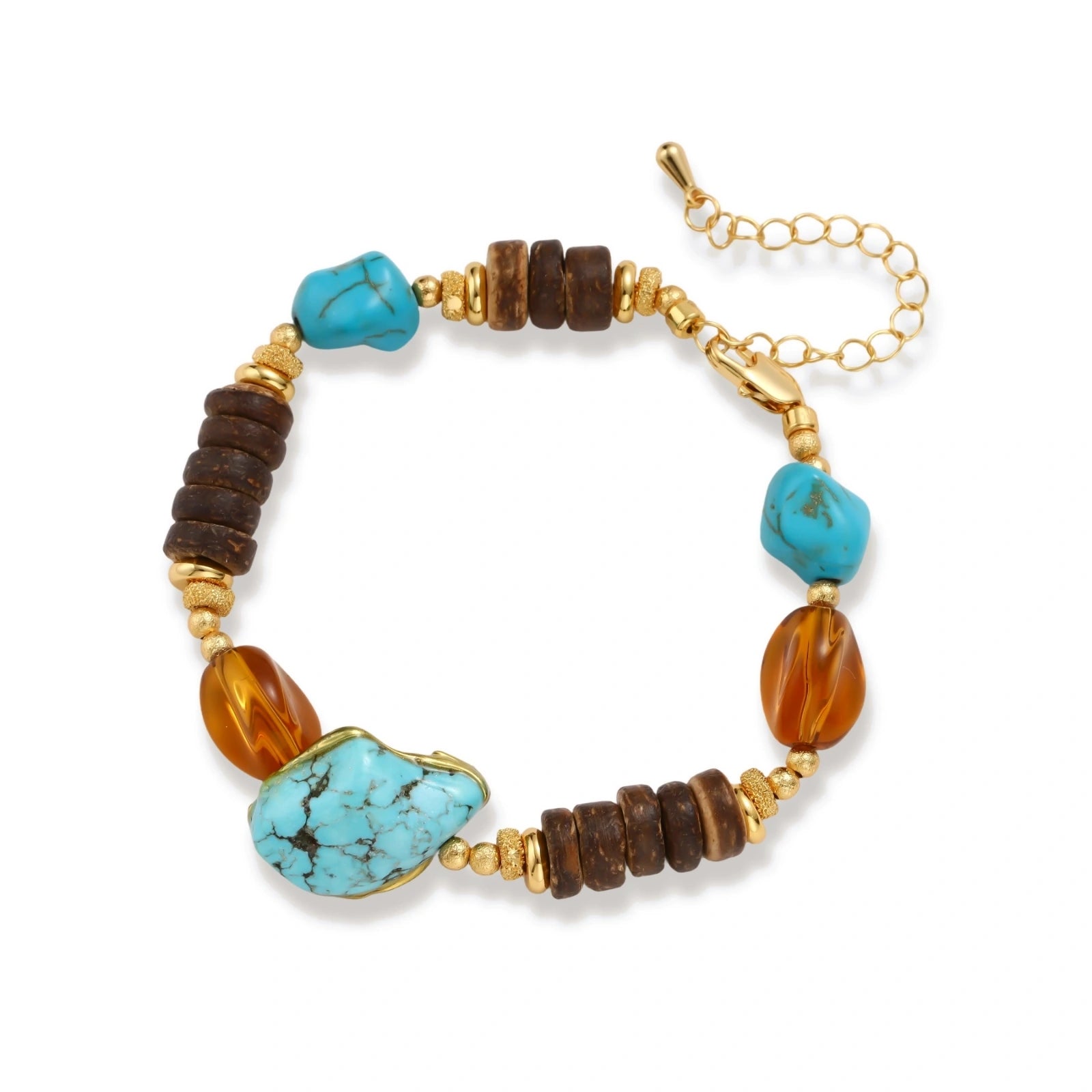 Mixed-material bracelet with turquoise stones, wooden beads, and 18k gold-plated copper elements on white background.