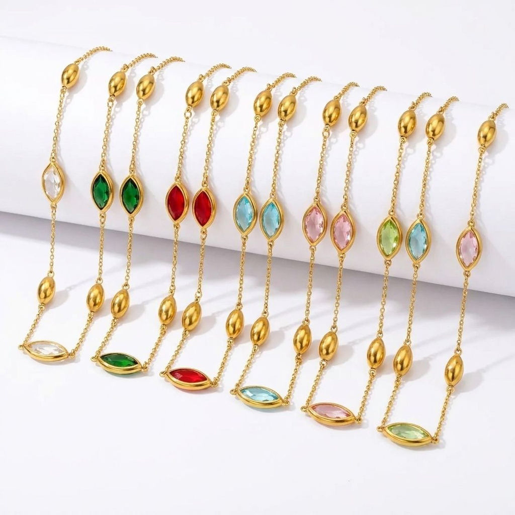 Faceted Glass Stone Collarbone Gold Necklace for Women, Tarnish-Free Stainless Steel