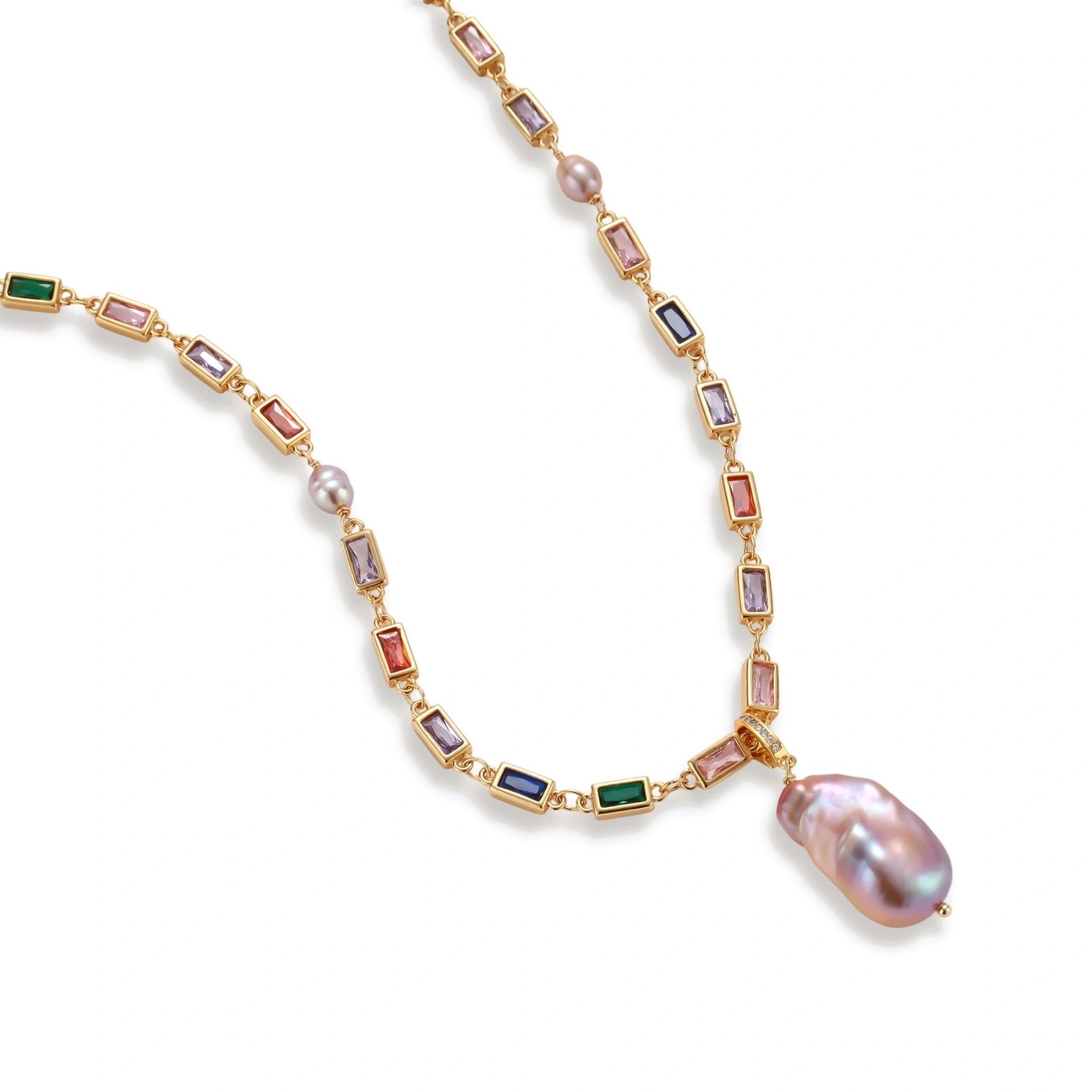 Colorful statement necklace with rainbow zircon stones and iridescent baroque pearl pendant on gold-plated chain