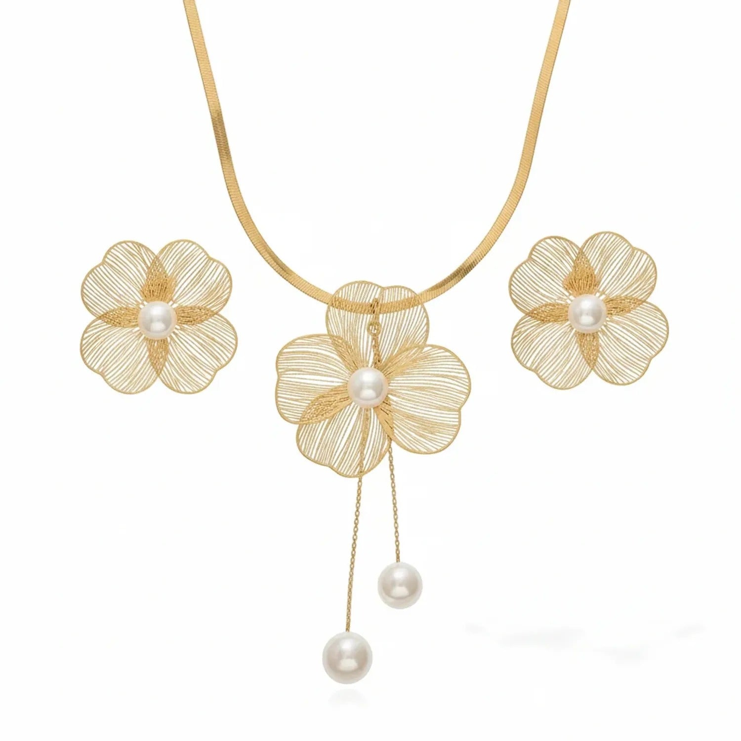 Flower Pearl Necklace & Earrings Set