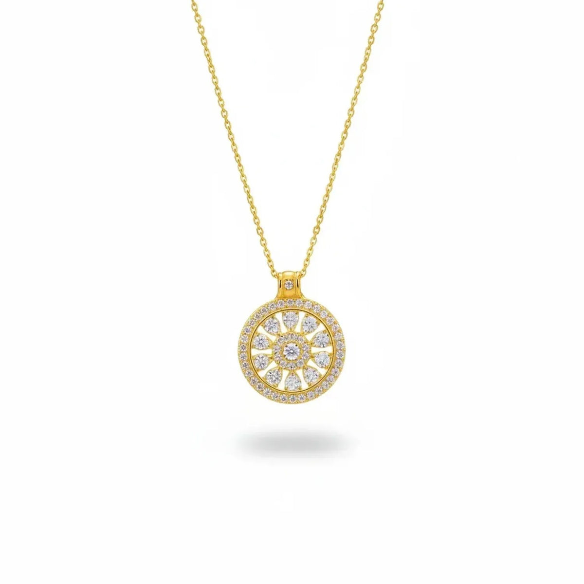 French Compass Rose Pendant Gold Necklace in Gold Plated Brass with Gold Chain Option