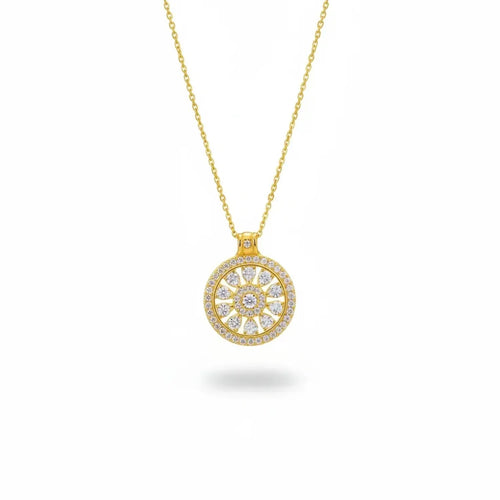 French Compass Rose Pendant Gold Necklace in Gold Plated Brass with Gold Chain Option