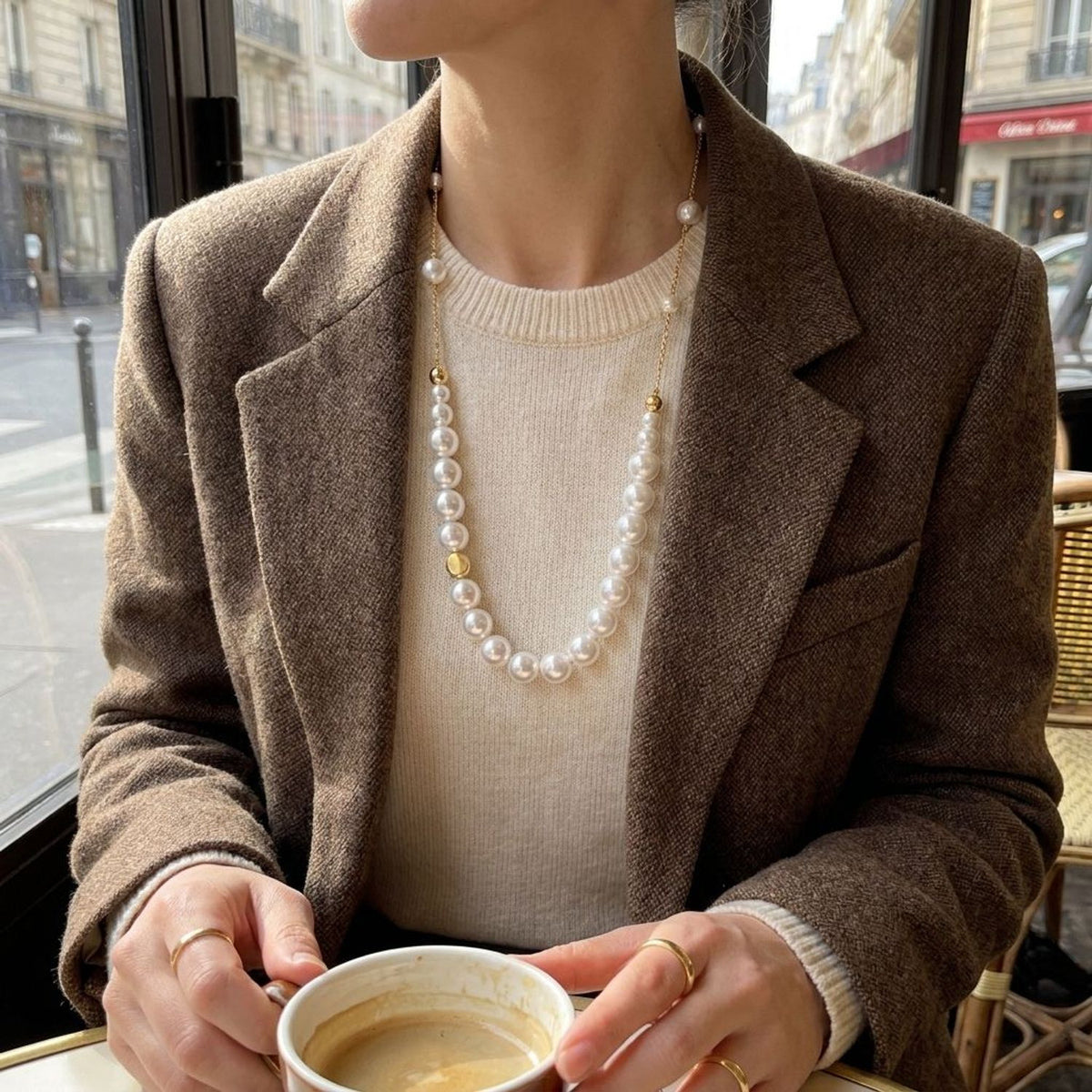 French Retro Faux Pearl Gold Chain Necklace for Women, 41-50cm — lifestyle