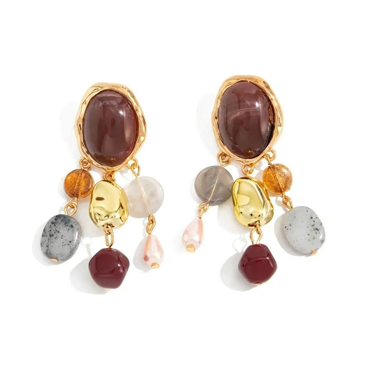 French Retro Geometric Beaded Tassel Drop Earrings for Women, Maillard Tone Jewelry