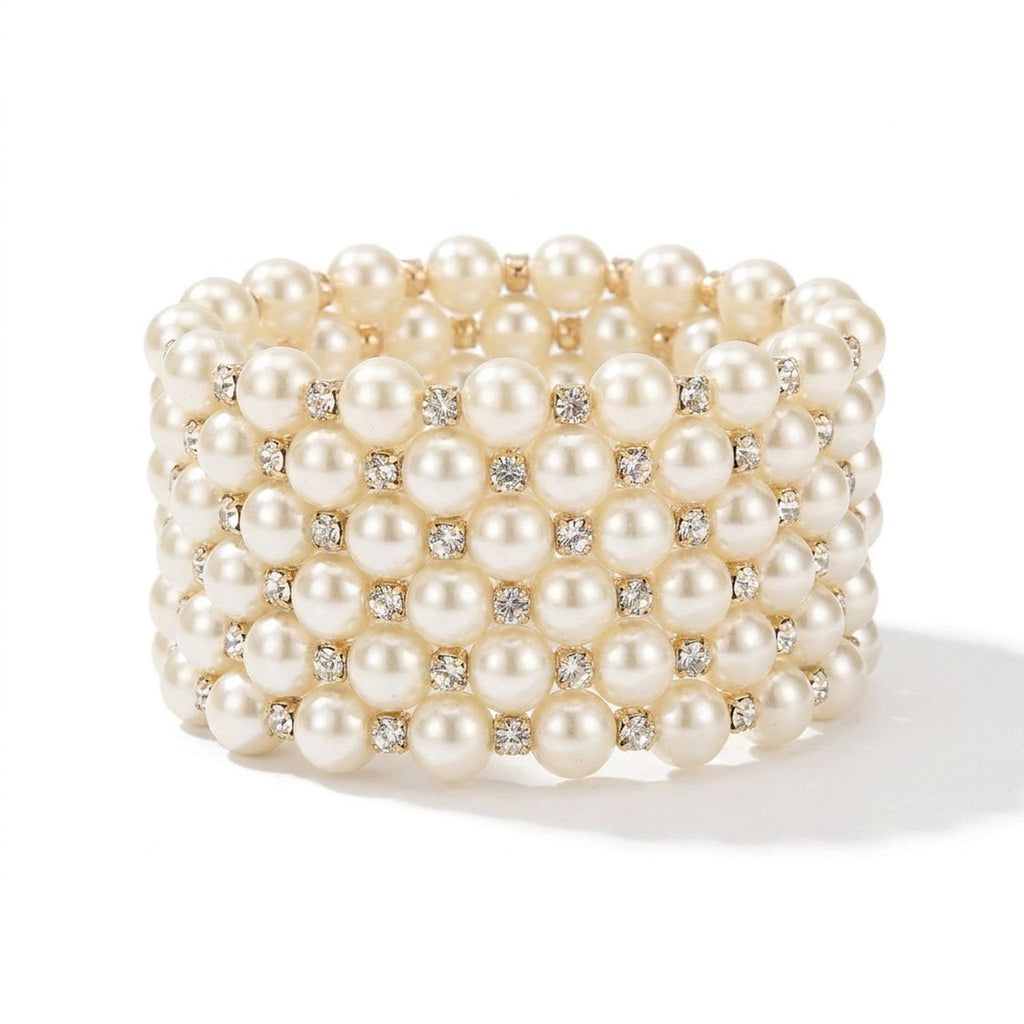 French Vintage Multilayer Pearl and Rhinestone Wide Cuff Bracelet for Women
