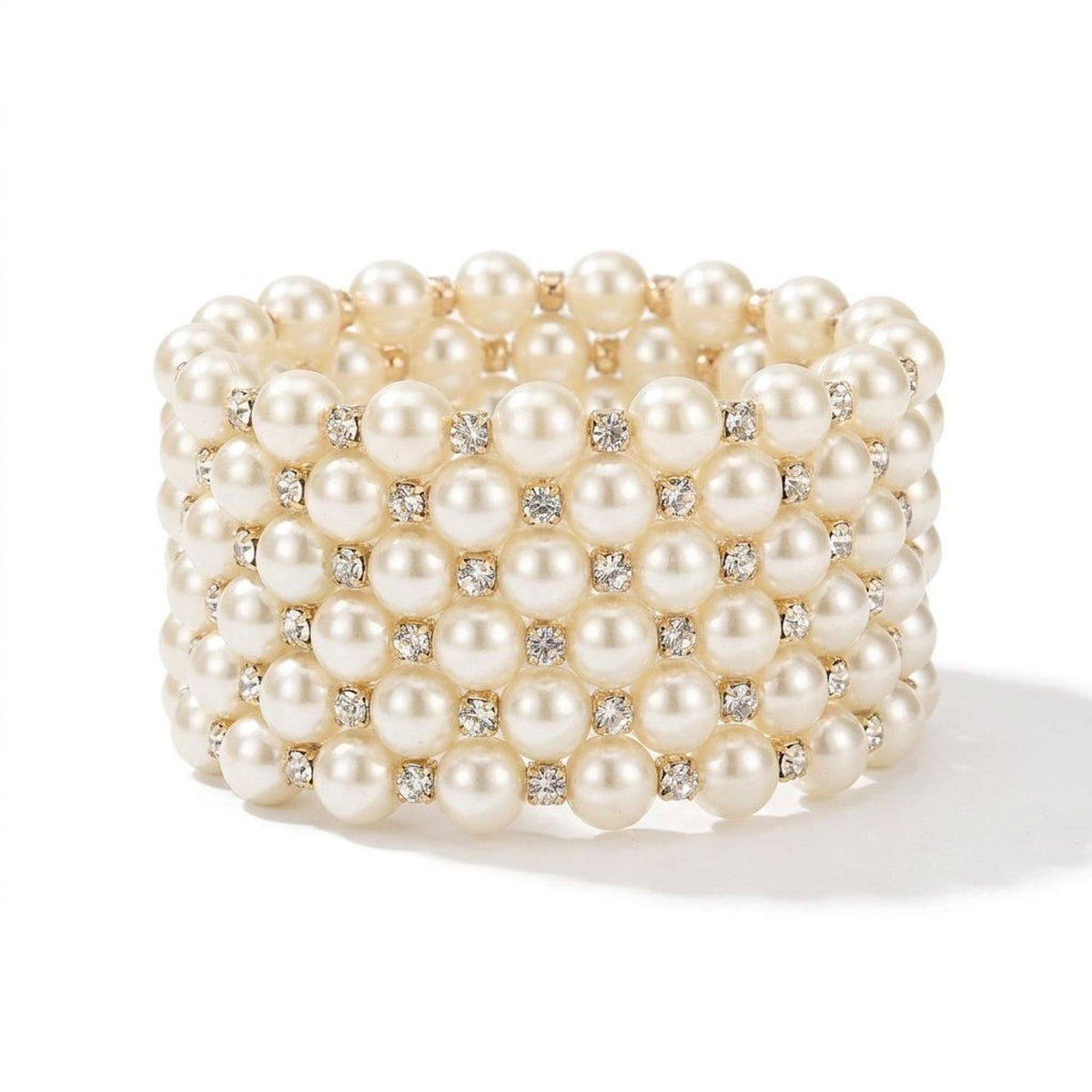 French Vintage Multilayer Pearl and Rhinestone Wide Cuff Bracelet for Women